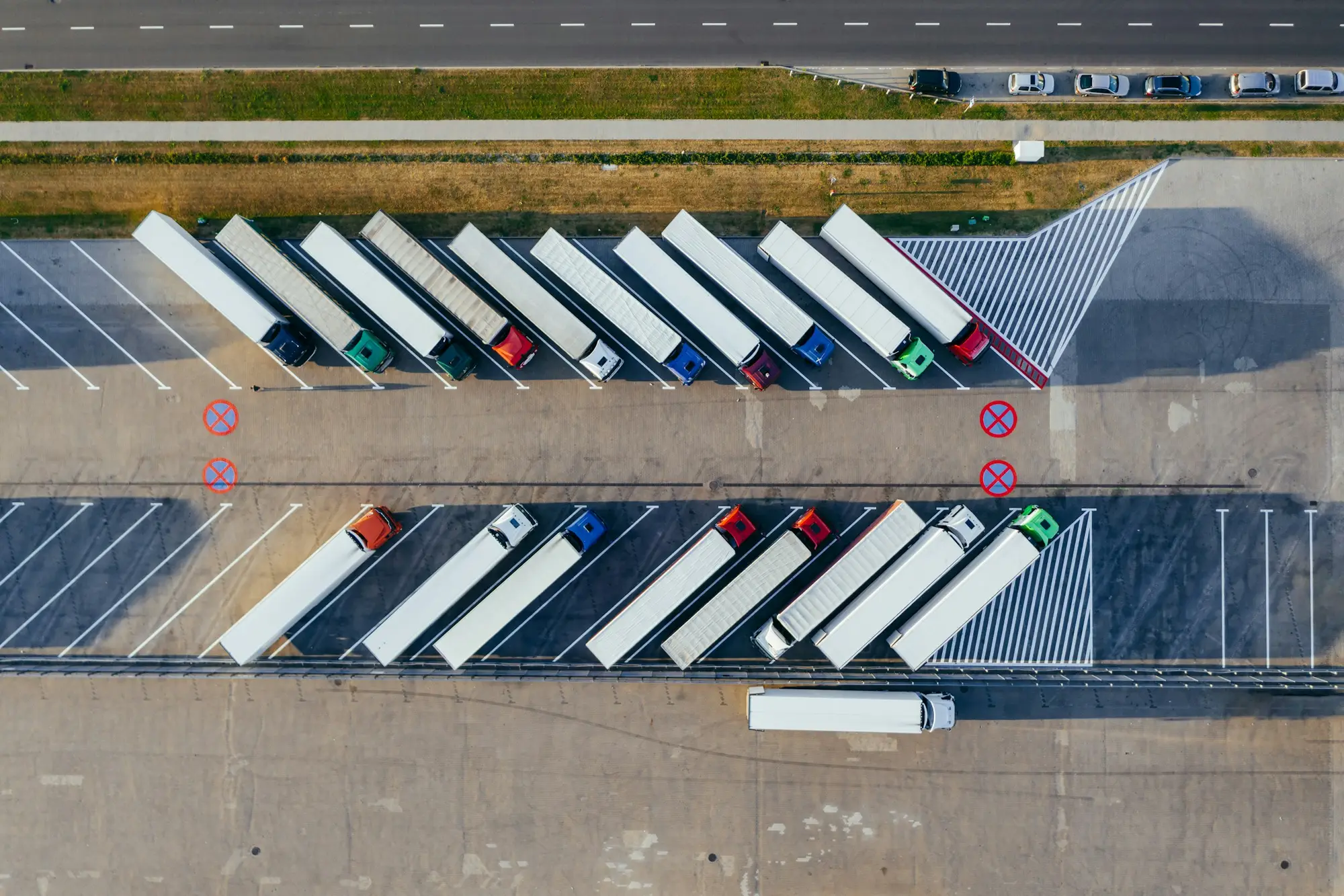 Trailers parked at a truck stop, from above